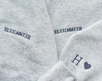 Custom Embroidered Roman Numeral Hoodie - Couples Gift - Personalized Gift Date Hoodie Initial on Sleeve - Engagements, Anniversary gift