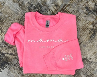 Custom Embroidered Mama Sweatshirt with Kids Name on Sleeve, Personalized Mom Sweatshirt, Minimalist Momma Sweater, Mothers Day Gift for Mom