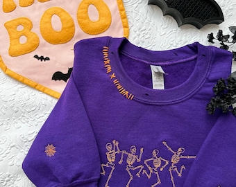 Embroidered Dancing Skeleton Crewneck: Hand-Stitched Halloween Sweatshirt