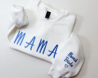 Custom Embroidered Mama Sweatshirt with Kids Name on Sleeve, Personalized Mom Sweatshirt, Minimalist Momma Sweater, Mothers Day Gift for Mom
