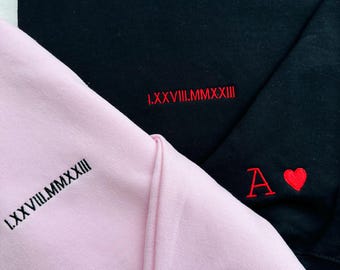 Custom Embroidered Roman Numeral Hoodie - Couples Gift - Personalized Gift Date Hoodie Initial on Sleeve - Engagements, Anniversary gift