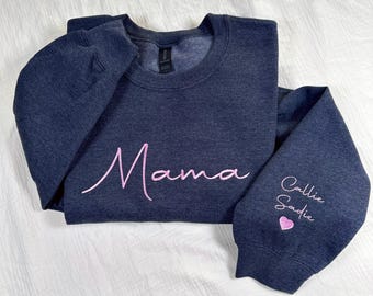 Custom Embroidered Mama Sweatshirt: Personalized Kids Names Sleeve