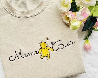 Custom Mothers Day Embroidered Sweatshirt with Names, Winnie the Pooh Mothers Days Gift, Custom Mama Bear Sweatshirt, Gift for Mother's Day