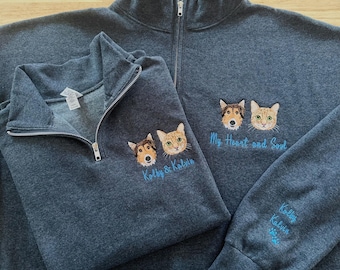 Custom Embroidered Pet Portrait Quarter Zip – Dog Cat Face Sweatshirt, Personalized Gift, Pet Memorial Clothing