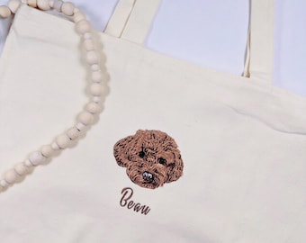 Custom Embroidered Pet Portrait Tote Bag – Personalized Dog Cat Tote, Pet Memorial Gift, Pet Lover Tote