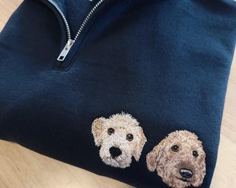 Custom Embroidered Pet Portrait Quarter Zip – Dog Cat Face Sweatshirt, Personalized Gift, Pet Memorial Clothing