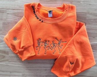 Halloween besticktes Skelett Sweatshirt - Tanzendes Skelett Rundhalsausschnitt, Vintage Halloween Pullover, Gruseliges Geschenk