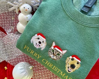 Christmas Pet Sweatshirt – Custom Dog Cat Portrait Embroidered Sweater, Personalized Holiday Gift, Xmas Gift for Pet Lovers