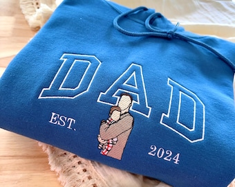 Custom Portrait Hoodie, Embroidered Sweatshirt from Photo with Name on Sleeve, Gift for Dad, Father’s Day Memorial, Personalized Face Shirt