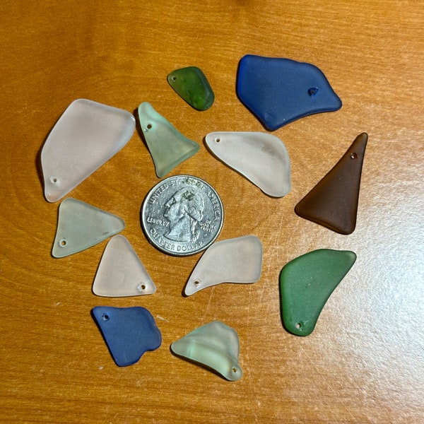 Pre-drilled Sea Glass made from Recycled Bottles; Mixed Colors (blue, green, white), necklaces, earrings, decorative, craft, beach, drilled