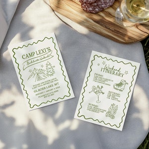 Modelo de itinerário de despedida de solteira em acampamento, download de convite editável do Canva, convite de rabisco caprichoso, última trilha da noiva, festa de Bach Glamping