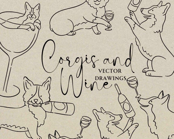 Hand Drawn Corgi Wine Night SVG PNG, Dog and Wine Bottle Clipart, Whimsical Quirky Wedding Bar Menu Sign Doodle, Girls Night Dinner Theme