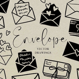 Paquete de sobre y San Valentín SVG PNG, ilustración hecha a mano, clip art de carta, descarga digital instantánea de icono de correo, invitación de boda DIY