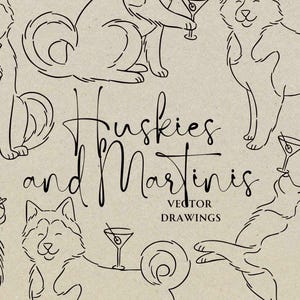 Handgetekende husky's en martini's SVG PNG, Siberische husky bar kar kunst, grillige eigenzinnige bruiloft barmenu, huisdier cocktail doodle, huisdier bruiloft