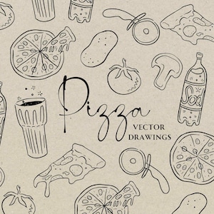 Fiesta de pizza SVG PNG, imágenes prediseñadas de pizza ilustradas dibujadas a mano, icono de invitación de fiesta de bricolaje, arte caprichoso de Canva, garabato de comida lindo, descarga de refrescos
