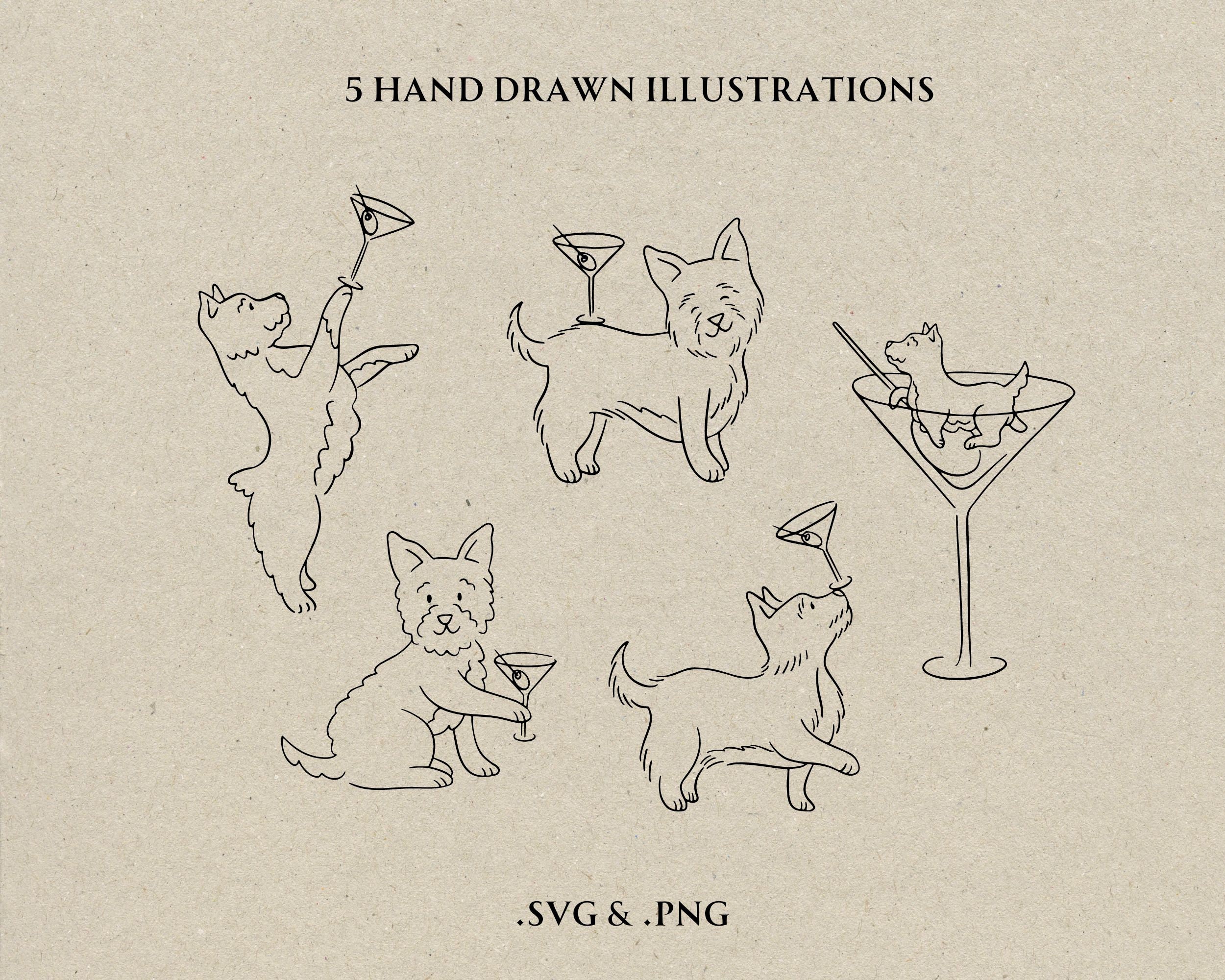 Hand Drawn Dog Signature Drink SVG PNG, Yorkie and Martini Clipart ...
