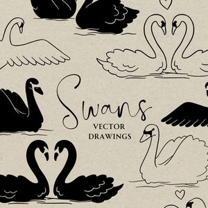 Cygne dessiné à la main, cygne blanc pour fichier vectoriel mariage, faire-part de douche nuptiale, icône Doodle lunatique, Canva Pro Clip Art, invitation bricolage à la main