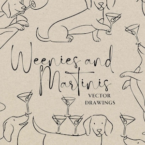 Weenies e Martini disegnati a mano SVG PNG, invito per addio al nubilato con bassotto, scarabocchio stravagante, menu di bevande esclusive per matrimonio, cocktail hour