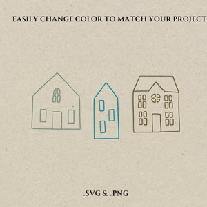 May include: Three line-drawn houses in teal and brown on a beige background. The text "EASILY CHANGE COLOR TO MATCH YOUR PROJECT" is at the top. The file types .SVG & .PNG are at the bottom of the image.