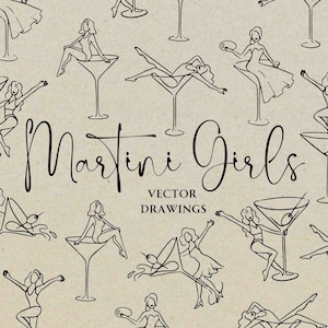 Donne in bicchiere da Martini SVG PNG, stravagante contorno per festa di addio al nubilato, icona disegnata a mano per cocktail di nozze, disegno clipart di ragazza Martini sporca