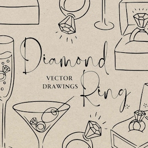 Anel de diamante desenhado à mão SVG PNG, clipart de festa de noivado, rabisco de taça de champanhe, cronograma de casamento caprichoso de recém-casados, convite DIY Canva