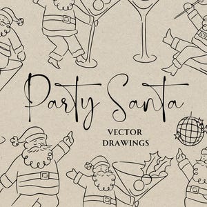 Papai Noel desenhado à mão em Martini SVG PNG, festa de coquetel de Natal extravagante, convite de despedida de solteira de Natal, rabisco de Papai Noel vintage