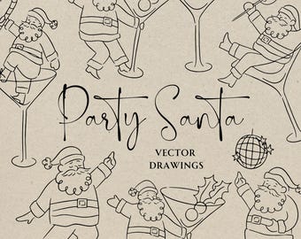 Handritad jultomte i Martini SVG PNG, nyckfull god jul-cocktailparty, julmöhippa-inbjudan, vintage jultomte-klotter