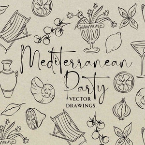 Festa de casamento mediterrânea SVG PNG, ícone de festa de galinha, convite para chá de panela, jantar de ensaio Doodle caprichoso, ilustração grega desenhada à mão