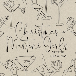 Ragazza Martini di Natale disegnata a mano SVG PNG, festa di Natale allegra e stravagante per gli amici, itinerario per l'addio al nubilato, icona del cocktail Martini sporco