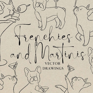 Doodle de Frenchie desenhado à mão SVG PNG, clipart de cachorro e martini, menu de bar de casamento com bebida exclusiva caprichosa, ícone de coquetel para animais de estimação, placa de bar aberto