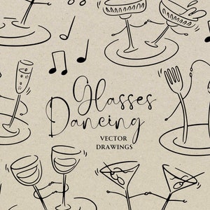 Óculos desenhados à mão dançando SVG PNG, clipart de menu caprichoso, ícone de flauta de champanhe dançante, Doodle de Martini sujo, convite para jantar de ensaio