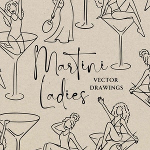 Lady Martini dibujada a mano SVG PNG, Clipart de chica de cóctel, Garabato caprichoso de itinerario de despedida de soltera, Mujer con copa de martini, Icono de fiesta de bodas