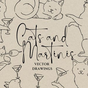 Handgezeichnete Katzen und Martinis SVG PNG, wunderliche Wodka Art Party Gliederung, Bachelorette Party Reiseplan Doodle Icon, Signature Cocktail Schild