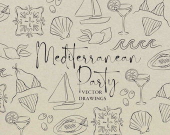 Hand Drawn Greek SVG PNG, Doodle for Mediterranean Wedding Invitation, Italian Icon Illustration Bundle, Vintage Drawing for Bridal Shower