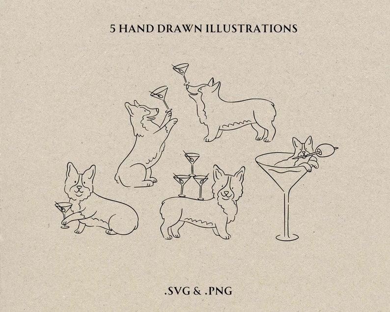 Hand Drawn Dog Signature Cocktail SVG PNG, Corgi and Martini Clipart ...