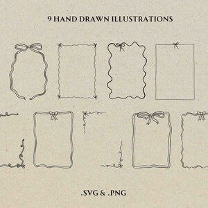 May include: Nine hand-drawn illustrations of frames with ribbon bows. The frames are in various shapes and sizes, including square, rectangle, and oval. The illustrations are in black and white and are suitable for use in digital or printed projects.