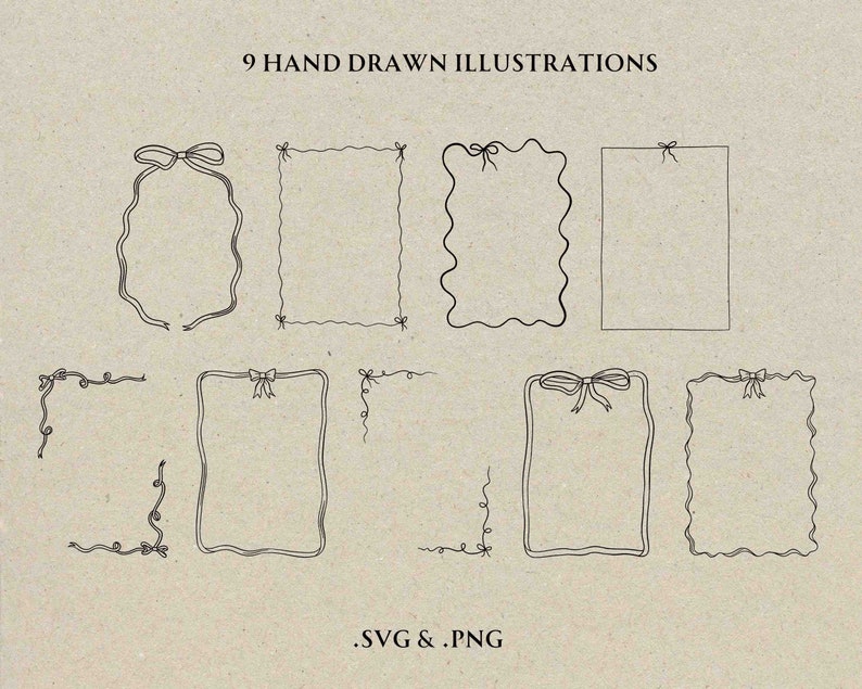 May include: Nine hand-drawn illustrations of frames with ribbon bows. The frames are in various shapes and sizes, including square, rectangle, and oval. The illustrations are in black and white and are suitable for use in digital or printed projects.