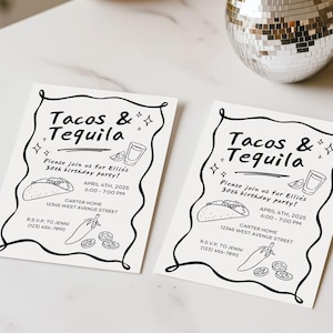 Modelo de convite para 30º aniversário com tacos e tequila, convite para 21º aniversário desenhado à mão, fim de semana das garotas Margarita, arte para itinerário de Cinco de Mayo