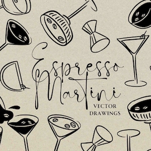 Espresso Martini Illustration Bundle SVG PNG, Hand Drawn Signature Cocktail, Drink Clipart Icon, DIY Wedding Invitation, Custom Canva Art