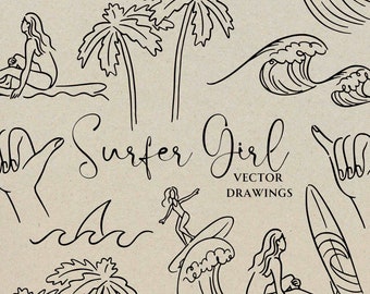 May include: Black and white line art illustrations of a surfer girl, palm trees, waves, and a surfboard. The text "Surfer Girl Vector Drawings" is included in the image.