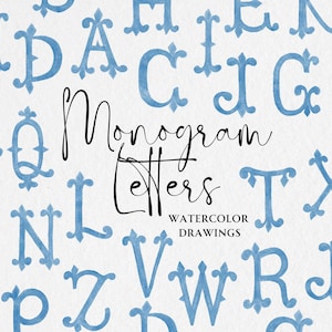 Aquarel brief fishetail blauw monogram voor Crest SVG PNG, handgetekende belettering, kalligrafie alfabet clipart, DIY uitnodiging babyshower