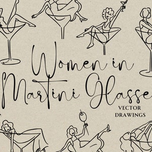 Mujeres dibujadas a mano en vaso de martini SVG PNG, icono de chica de martini, clipart de despedida de soltera caprichosa, invitación a fiesta de bodas, cóctel de martini sucio