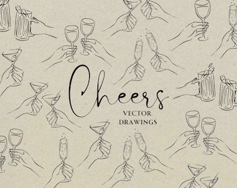 Hand Drawn Cheers SVG PNG, Whimsical Bachelorette Party Clipart, Champagne Clink Icon, Martini Doodle Line Art, Art for Wedding Invitation