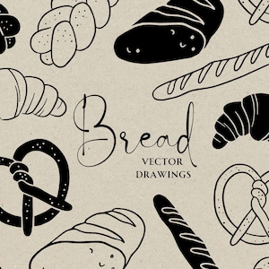Baguette SVG PNG, Clipart di croissant, doodle stravagante di pagnotta di pane, sagoma di panetteria Challah, icona di baguette francese, stampa artistica di linea Pretzel