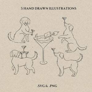 Hand Drawn Golden Retriever and Martini SVG PNG, Dog Cocktail Hour ...