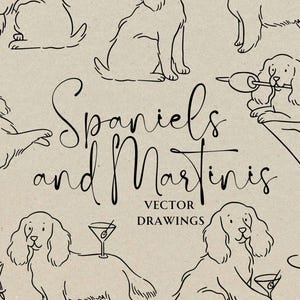 Handgezeichnete Cocker Spaniel Zeichnung SVG PNG, Hund und Martini Gekritzel, wunderliche Unterschriften-Getränke Hochzeits-Bar-Menü, Haustier-Cocktail-Stunde-Symbol