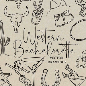Handgezeichnetes Western Cowgirl Bachelorette SVG PNG, wunderliche Brautparty Gliederung, DIY Hochzeitseinladung Symbol, Martini Girl Doodle Clipart