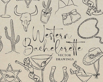 Handgetekende Western Cowgirl Bachelorette SVG PNG, grillige bruids partij overzicht, DIY bruiloft uitnodiging pictogram, martini meisje doodle clipart