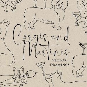 Handgetekende hond handtekening cocktail SVG PNG, Corgi en Martini clipart, grillige eigenzinnige bruiloft bar menu teken doodle, repetitie diner uitnodigen