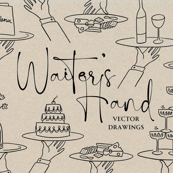 Waiter's Hand SVG PNG Icons, Italian Food Beverage Illustration, Whimsical Wedding Invitation Clipart, Hand Drawn Wine and Cheese Canva Pro